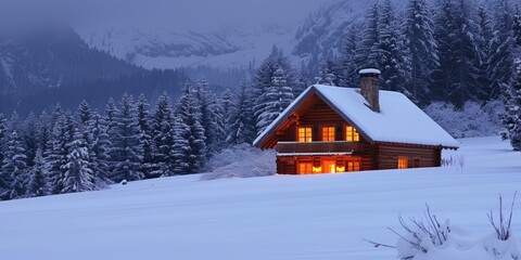A cozy log cabin surrounded by deep snow, with warm light glowing from the windows, set against a backdrop of snow-covered mountains.