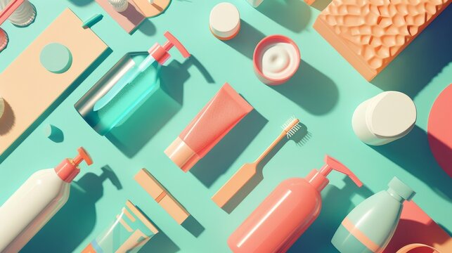 An assortment of personal care items is neatly arranged on a colorful surface, emphasizing everyday grooming and hygiene routines.