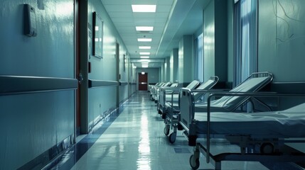 An empty, clean hospital corridor lined with neatly arranged gurneys, illuminated by bright overhead lights.