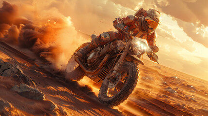 a group of Martian bikers rides through a canyon-like Martian desert, their futuristic motorcycles kicking up dust as they navigate steep inclines and rocky terrain