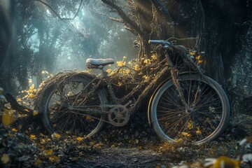 Obraz premium A bicycle with tree branches growing out of its wheels, parked in a mystical forest, high resolution, detailed textures, crisp focus