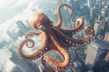 Obraz premium A giant octopus with city buildings on its tentacles, floating in the sky, high resolution, detailed textures, crisp focus