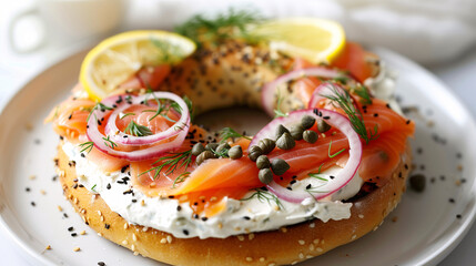 a toasted bagel with cream cheese, smoked salmon, capers, and red onion, served on a white plate with a slice of lemon and dill sprigs, set against a bright morning window