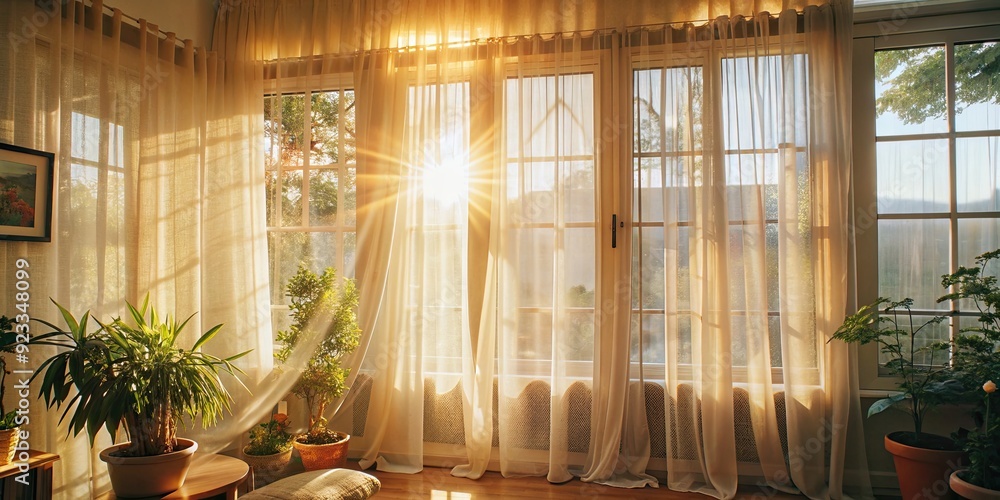 Canvas Prints Sunlight streaming through sheer curtains in a cozy room, sunlight, streaming, sheer, curtains, room, cozy, interior, home