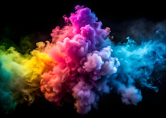 Fototapeta premium Colorful clouds and smoke of different colors on black background, rainbow holi paint powder explosion
