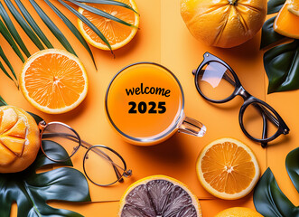Happy New Year 2025 written on surface of orange juice in cup. Top view of Christmas image. 
