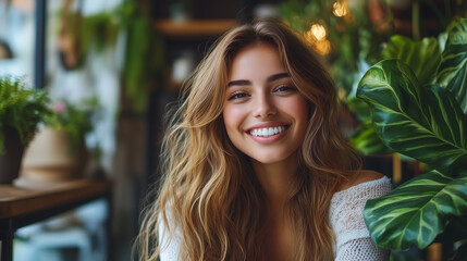 Fototapeta premium A woman with long, wavy hair, smiling gracefully, sits in a modern, elegant setting. The setting, with its luxurious décor and green plants, highlights her natural beauty.