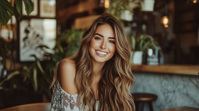 A woman with long, wavy hair, smiling gracefully, sits in a modern, elegant setting. The setting, with its luxurious décor and green plants, highlights her natural beauty.