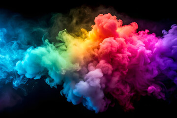 Fototapeta premium Colorful clouds and smoke of different colors on black background, rainbow holi paint powder explosion