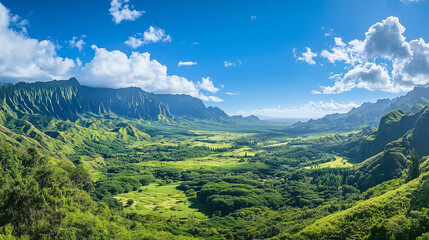 An impressive view of a vast green valley, fully surrounded by towering mountains, under a cloudless blue sky with a few fluffy white clouds.