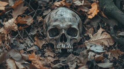 A close-up shot shows a human skull resting on the ground, partially covered by dead leaves and small twigs.