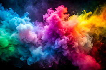 Colorful clouds and smoke of different colors on black background, rainbow holi paint powder explosion