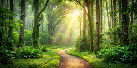 Obraz premium Background featuring lush forest trees, a winding path, and soft muted colors, forest, trees, path, background,nature