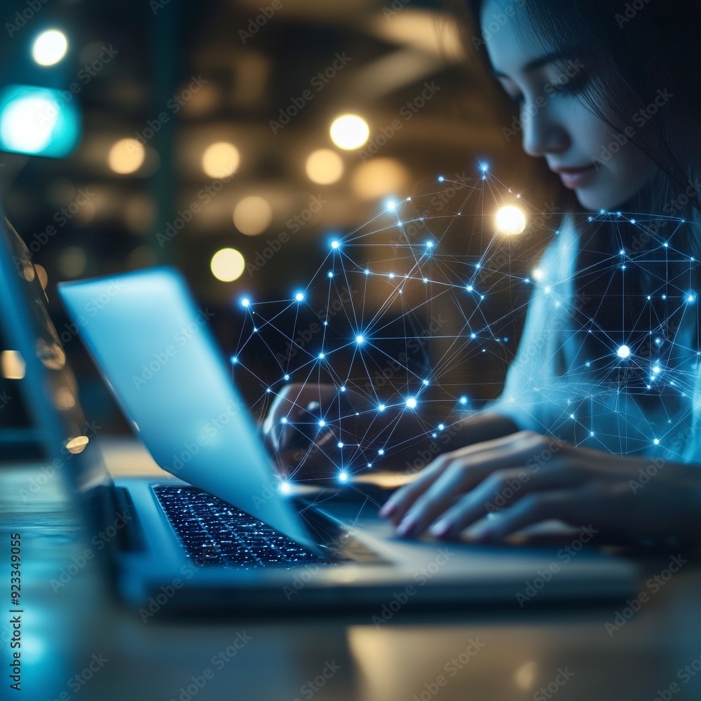 Poster digital technology marketing iot internet of things. woman using mobile phone and laptop computer su