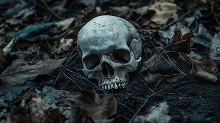 A close-up shot shows a human skull resting on the ground, partially covered by dead leaves and small twigs.