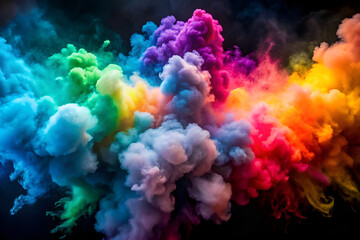 Colorful clouds and smoke of different colors on black background, rainbow holi paint powder explosion