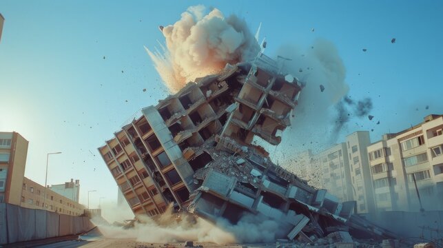 A building collapsing in a controlled demolition, debris and dust clouding the surrounding area in a dramatic scene of destruction.