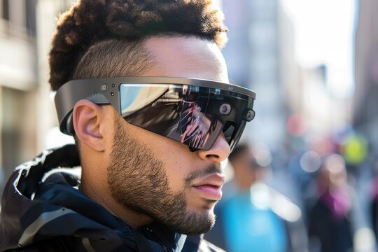 Man in AR sports glasses stands on busy street in cityscape