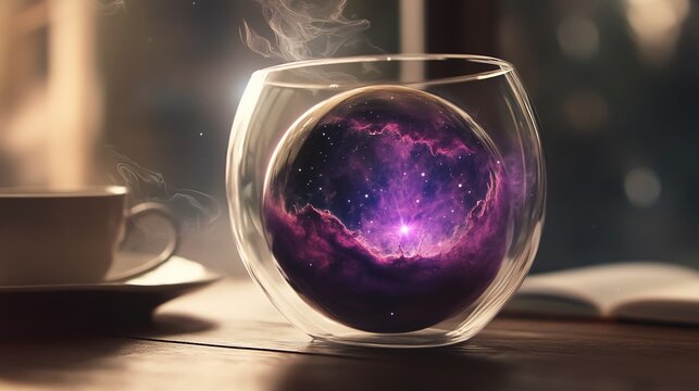 Nebula Elixir: Glass Cup Containing Purple Cosmos, Celestial Brew of Cosmic Delight