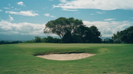 A spacious golf course with well-trimmed grass, surrounded by lush trees, under a blue sky full of scattered clouds, inviting for a game.