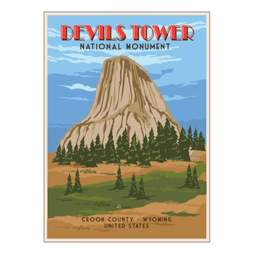 Vintage poster of Devils tower national park vector illustration design