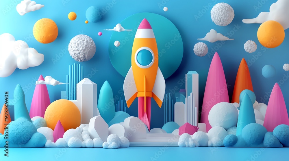 Poster 3d rocket launch with colorful geometric shapes.