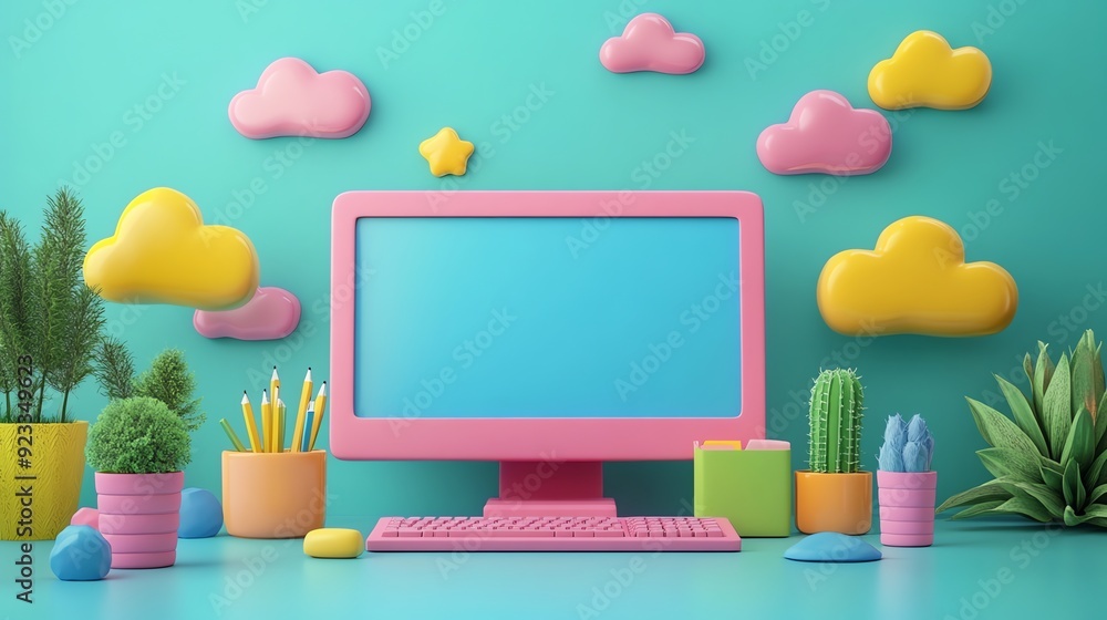 Poster Pink computer with colorful clouds.