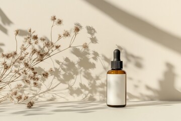 empty mockup serum bottle, spray bottle,  female skincare product, with several shadows and plants