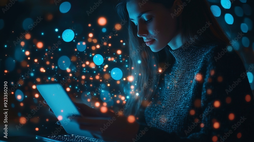 Aufkleber digital technology marketing iot internet of things. woman using mobile phone and laptop computer su