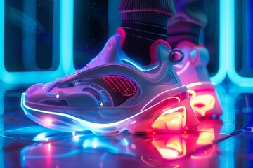 A close-up view of a white running shoe with glowing lights on the sole