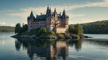 Obraz premium a castle sitting on top of a rock in the middle of a lake