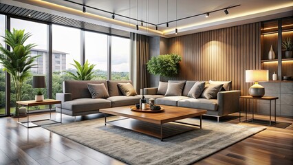 Fototapeta premium A contemporary living room featuring sleek furniture and minimalist decor, modern, living room, interior design