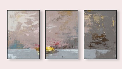 Golden flowers, abstract art watercolor painting, stylish modern wall art, triptych