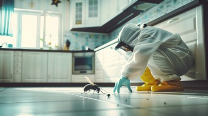 Obraz premium A clean kitchen with a giant insect on the floor, with a pest control professional in protective gear inspecting the kitchen.