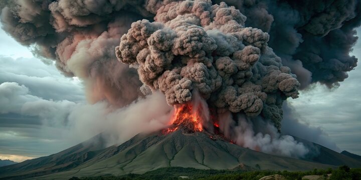Volcanic eruption with lava, ash, smoke , eruption, volcanic, lava, ash, smoke