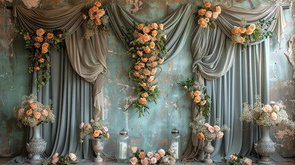 Obraz premium A beautifully arranged backdrop featuring draped fabric and floral decorations, ideal for events or photography.