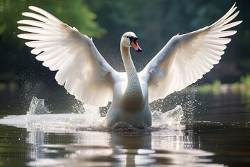 Swan on the lake with wings wide spread. Ai generative