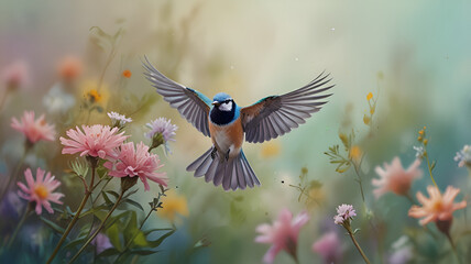 Obraz premium Delicate Bird Landing on Flowers: A Pastel Painting with Blurred Background