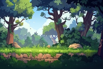 video game forest background, arcade game, game level scene with trees, bushes and stones.