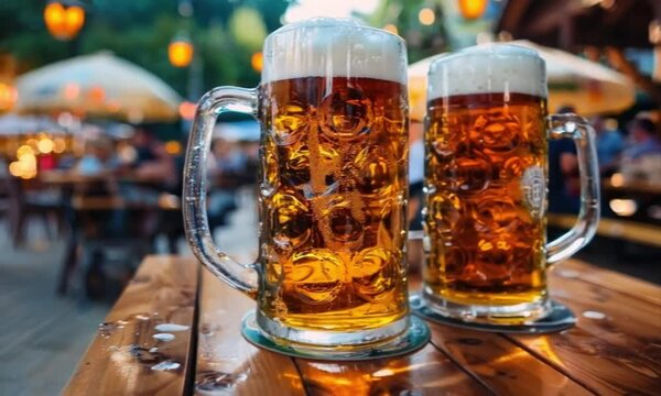Two large mugs of beer with foamy tops sit on a wooden table outdoors, surrounded by a lively beer garden atmosphere