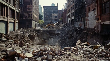 A post-demolition site filled with rubble and debris between urban buildings, illustrating a scene of urban decay and reconstruction.