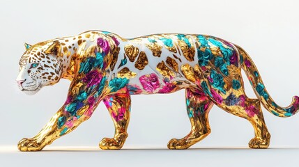Fototapeta premium Vibrant and Ornate Leopard Sculpture with Colorful Floral and Gold Accents on a White Background