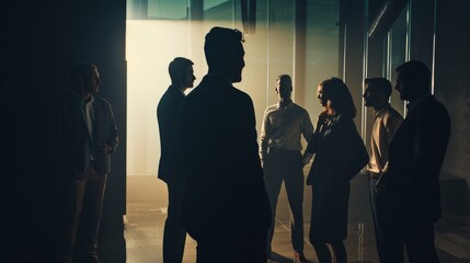 A group of business professionals engaged in a serious discussion, bathed in soft, filtered light creating evocative shadows.