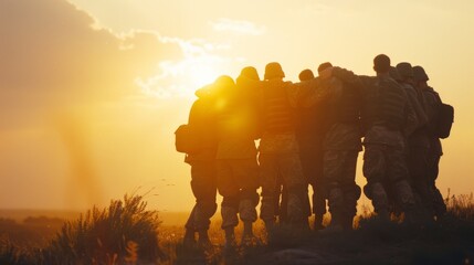 Silhouetted soldiers embracing each other as they enjoy a vibrant sunset over a grassy landscape, emphasizing camaraderie and solidarity.