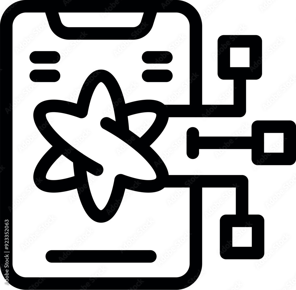 Poster line art icon of a mobile phone displaying an atom and connecting to other devices, representing the