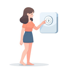 A full-length girl presses her finger on a touch thermostat, a minimalist cartoon style dimmer. The concept of using a smart home device. On a pure white background.