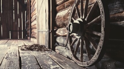 Obraz premium A rustic wooden wagon wheel leaning against a barn wall, with rays of sunlight peeking through, evoking a sense of nostalgia.