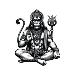 Obraz premium Lord Hanuman illustration, hand drawn black and white Hindu God vector illustration isolated white background