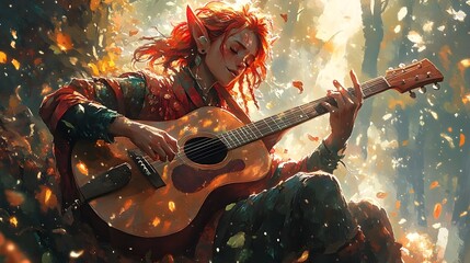 Elf Musician Captivating Audience with Energetic Guitar Performance in Magical Forest Setting