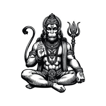 recommend clip art: Lord Hanuman illustration, hand drawn black and white Hindu God vector illustration isolated white background